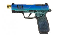 Sig Sauer P365, XMacro, Striker Fired, Semi-automatic, Polymer Framed Pistol, Sub-Compact, 9MM, 4.3" Zaffiri Precision Threaded Gold Barrel, Cerakote Finish, Galactic June Bug, XRAY3 Day/Night Sights, Optic Ready, 17 Rounds, 2 Magazines 365XCA9GJBGOLD-SCT