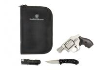 Smith & Wesson Model 642, Double Action Only, Metal Frame Revolver, J-Frame, 38 Special +P, 1.88" Barrel, Aluminum Alloy, Matte Finish, Silver, Rubber Grip, Fixed Sights, 5 Rounds, No Internal Lock, Bundle Comes With S&W Branded Discreet Portfolio, M&P De