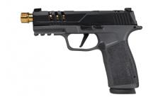 Sig Sauer P365, XMacro, Striker Fired, Semi-automatic, Polymer Framed Pistol, Sub-Compact, 9MM, Gold Zaffiri Threaded 4.3" Barrel, Cerakote Finish, Black Slide, Grey Frame, XRAY3 Day/Night Sights, Optic Ready, 17 Rounds, 2 Magazines 365XCA-9-BLKGLD-SCT